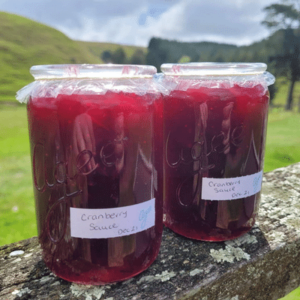 two glass jars with cranberry sauce on a fence post