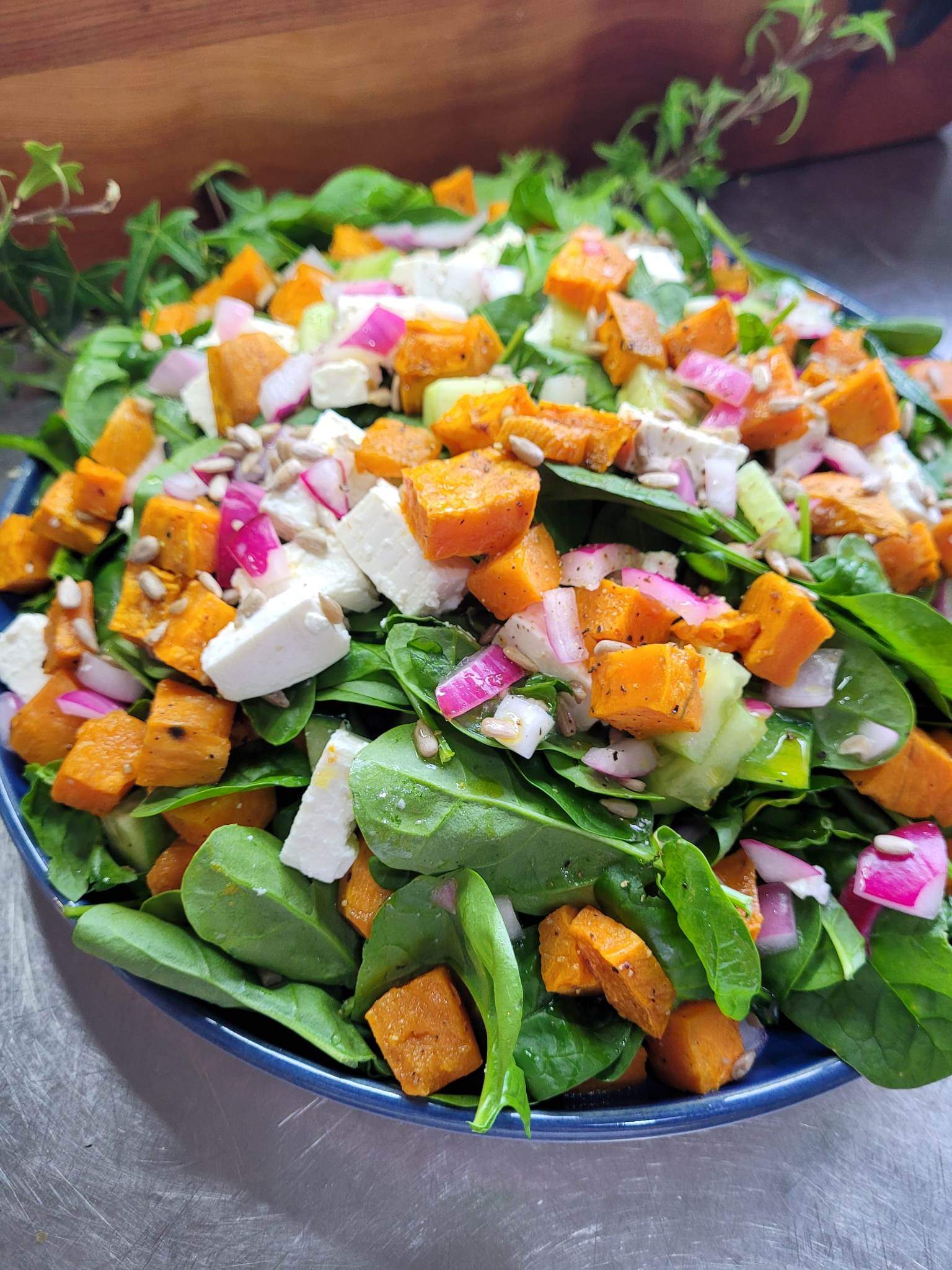 Simple Roasted Sweet Potato, Spinach and Feta Salad