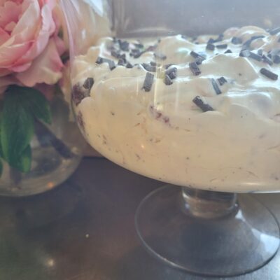 glass bowl with ambrosia dessert in it with chocolate chips on top