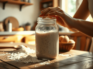 sourdough starter in a jar on a wooden bench with a ladies hand touching the rim of the jar