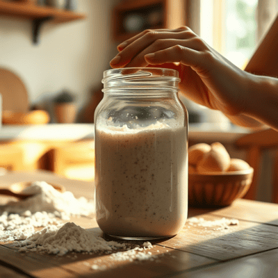 sourdough starter in a jar on a wooden bench with a ladies hand touching the rim of the jar