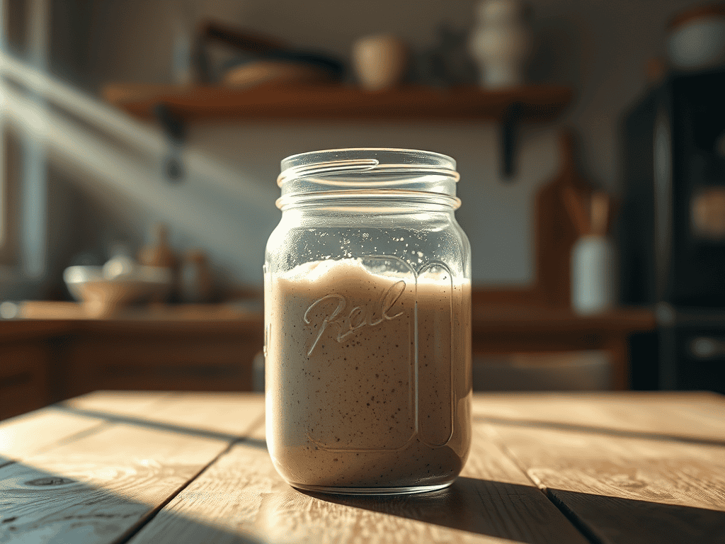 a jar or sourdough starte on a wooden table with the sun shining through the window