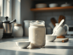 a jar of homemade sour cream on a table with the sun shining on it through the window