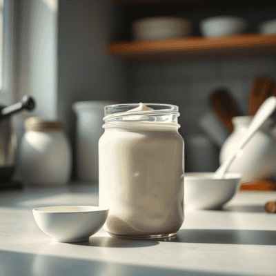 a jar of homemade sour cream on a table with the sun shining on it through the window