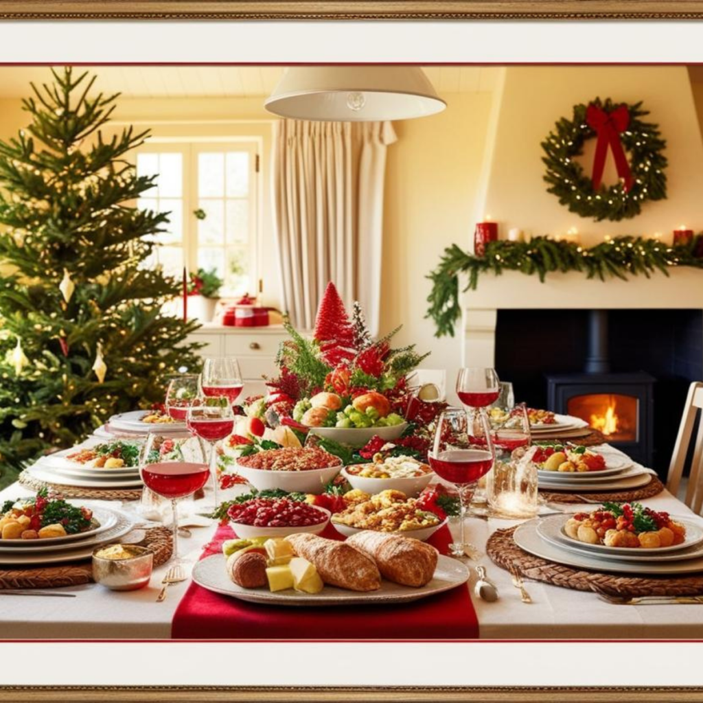 A Christmas feast on a table with a decorated tree in the back ground