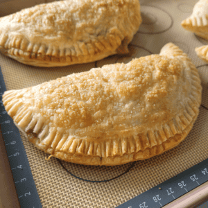 two apple pie turnovers sitting on a tray