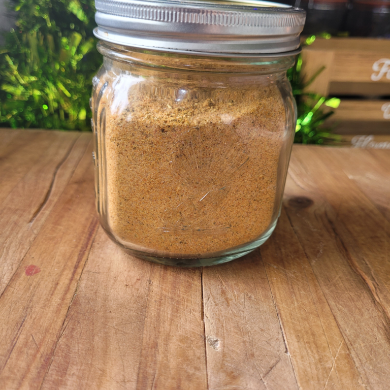 a beautiful jar of all-purpose seasoning salt on a wooden board