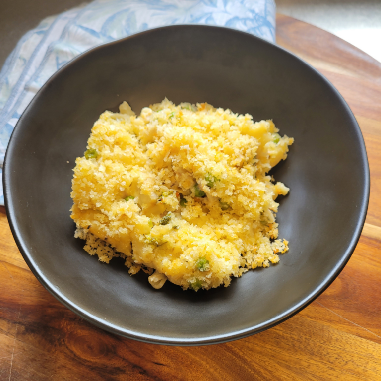 boxed mac and cheese with tuna and broccoli with a crispy panko crumb on top