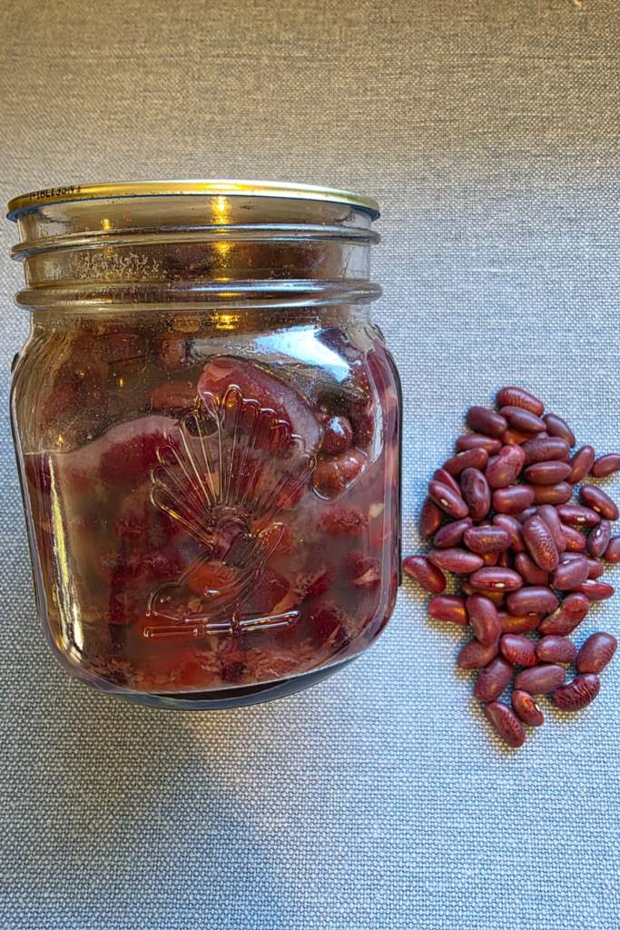 a jar of red kidney beans pressure canned and sitting on its side with some dried beans next to it