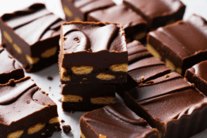 chocolate no-bake fudge slice with a chocolate icing