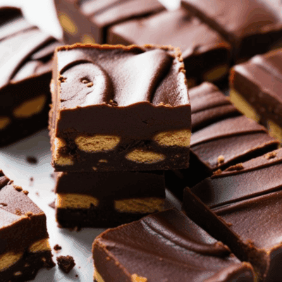 chocolate no-bake fudge slice with a chocolate icing