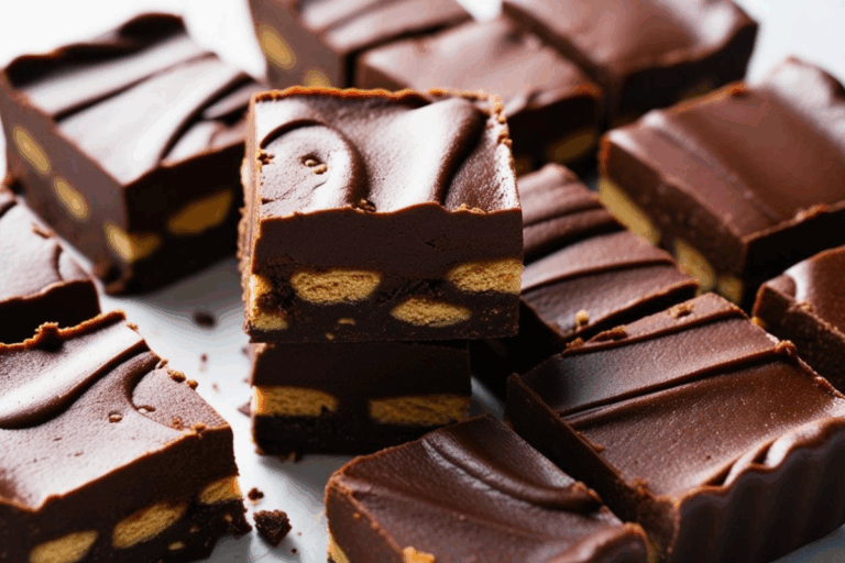 chocolate no-bake fudge slice with a chocolate icing