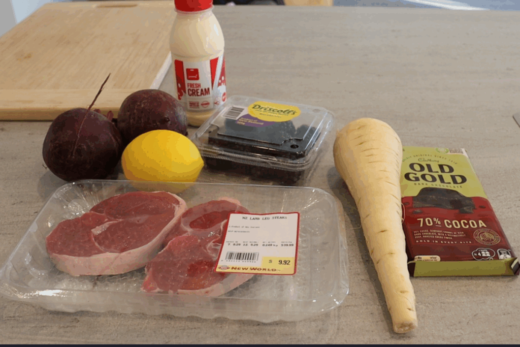 my mystery bag of ingredients, parsnip,beetroot,lamb steaks, chocolate, lemon, blackberries and cream