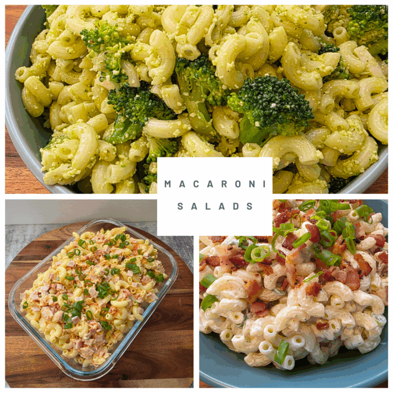 three types of macaroni salad in bowls. hawaiian, loaded ranch and pesto flavours