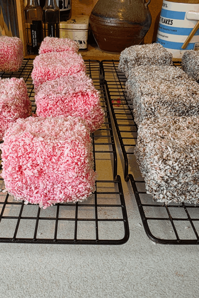 Classic Aussie lamingtons coated in chocolate icing and coconut on a tray

Lamington squares dipped in raspberry icing and rolled in coconut
