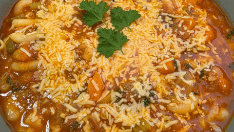 “Bowl of hearty minestrone soup with pasta and beans”