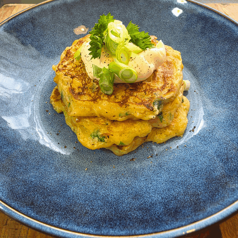 Golden homemade corn fritters stacked on a blue plate with sour cream and spring onions on top