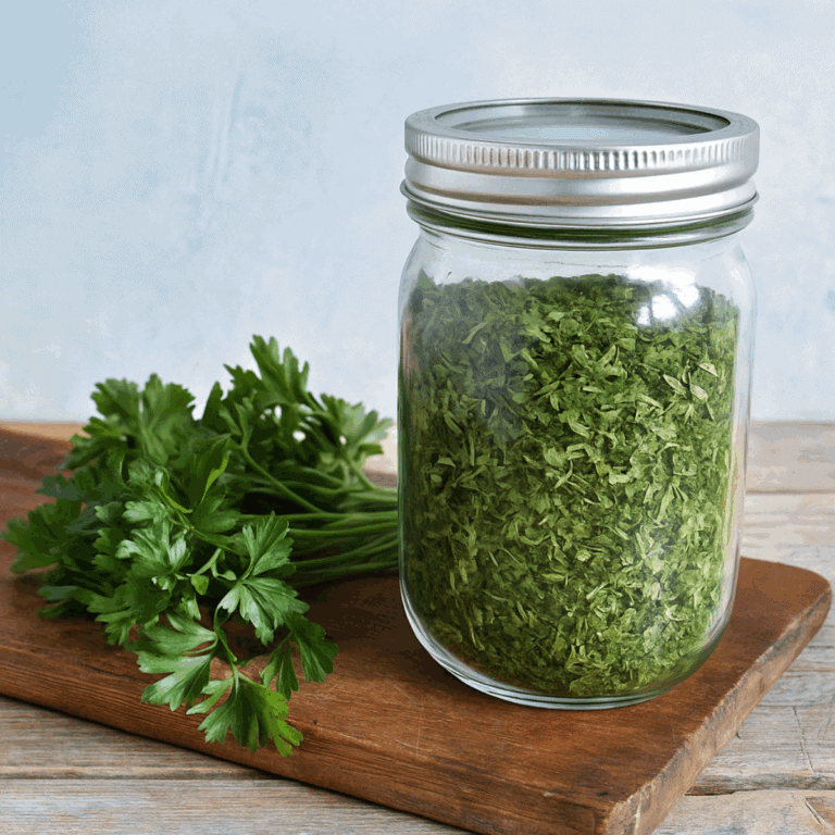“Glass jar of homemade dried parsley beside a bunch of fresh parsley on a wooden board, rustic kitchen background, soft natural light.”