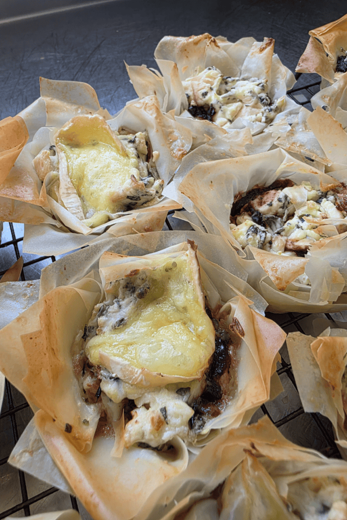 chicken, cranberry and camembert filo tarts