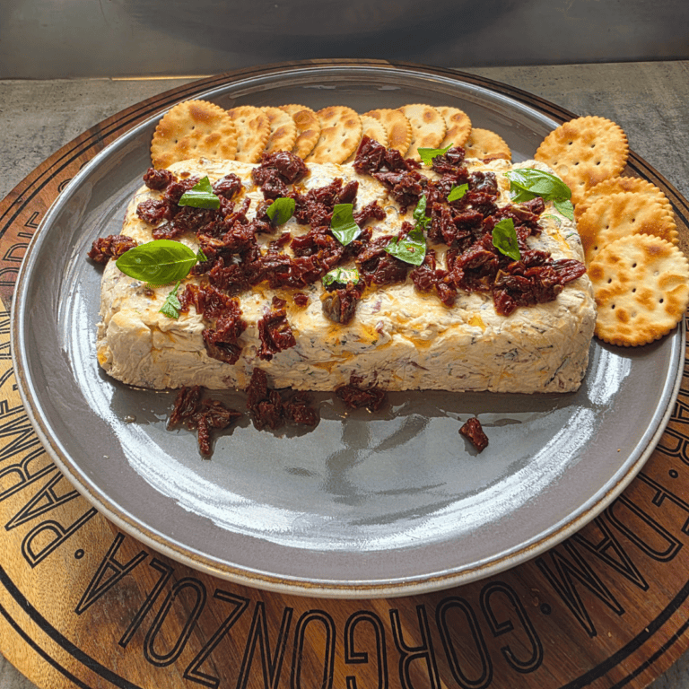 festive farmhouse cheese log. Topped with sundried tomatoes and fresh basil