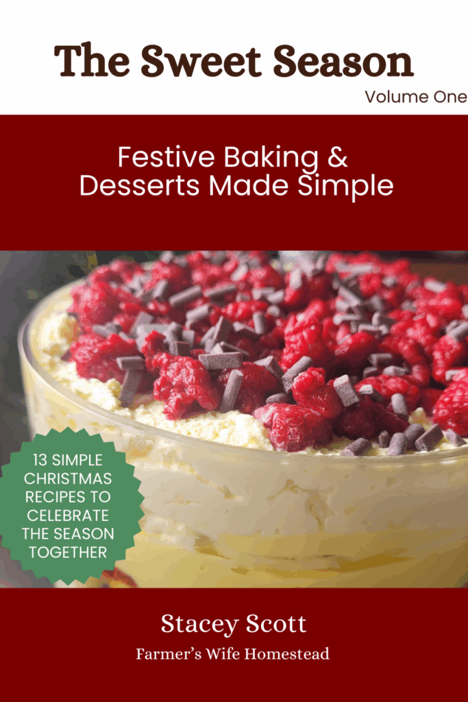 The sweet season front cover, festive red and a big bowl of custard trifle