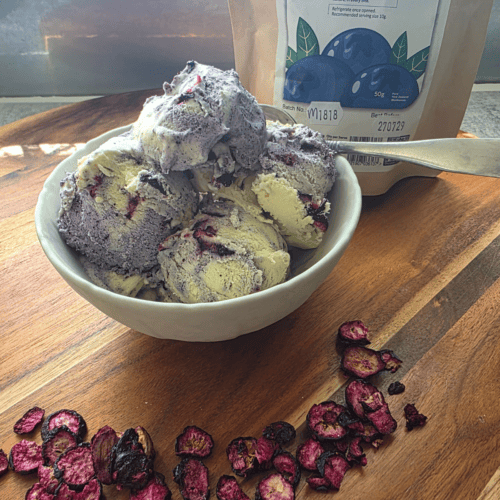 blueberry ripple ice cream in a bowl