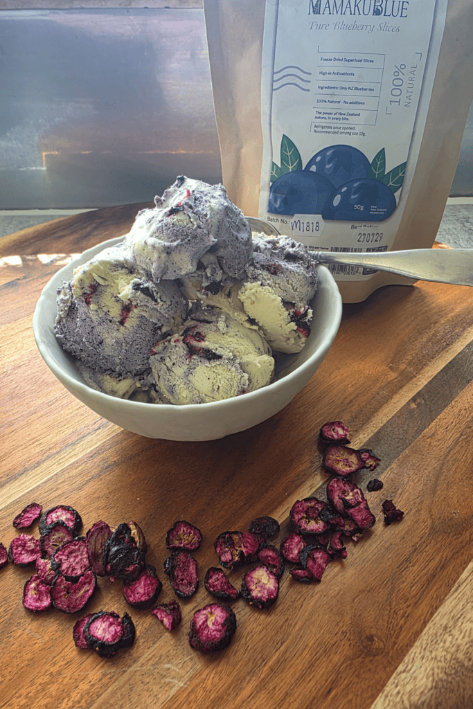 blueberry ripple ice cream in a bowl