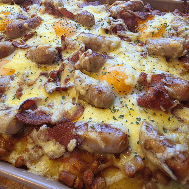 make-ahead full breakfast. Hash browns, bacon, eggs, baked beans and sausages