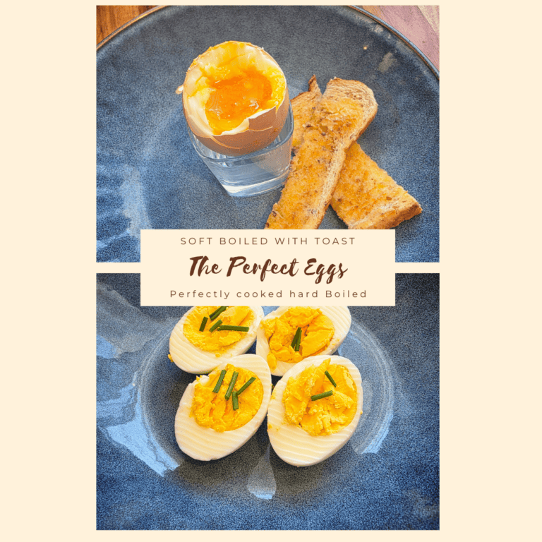 soft-boiled eggs with toast slices and hard-boiled eggs, both on a blue plate