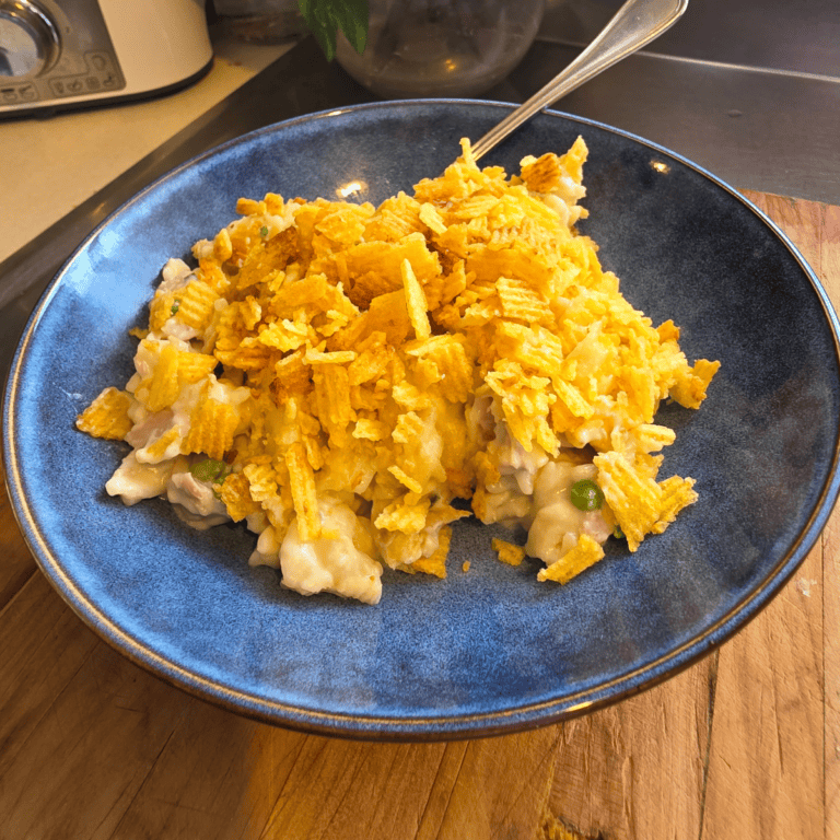 Baked tuna mornay pasta with crunchy potato chip topping