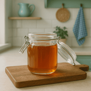 A jar of golden syrup sitting on a bench
