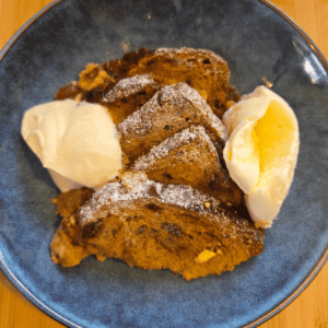Traditional bread and butter pudding made with fruit toast