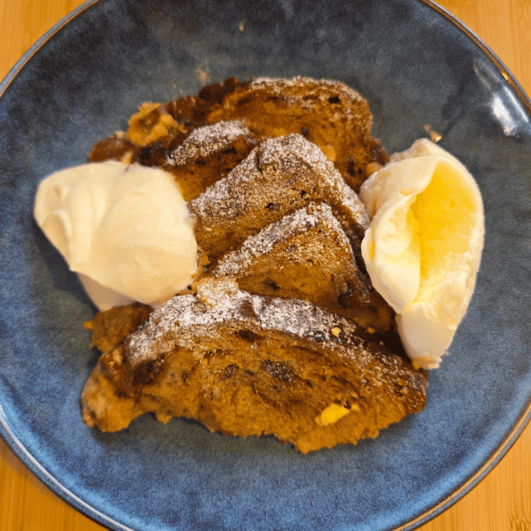 Traditional bread and butter pudding made with fruit toast