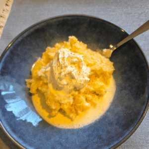 Old-fashioned baked rice pudding with golden top