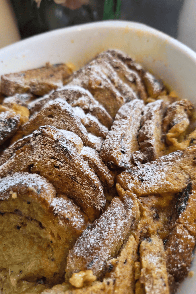 Traditional bread and butter pudding made with fruit toast