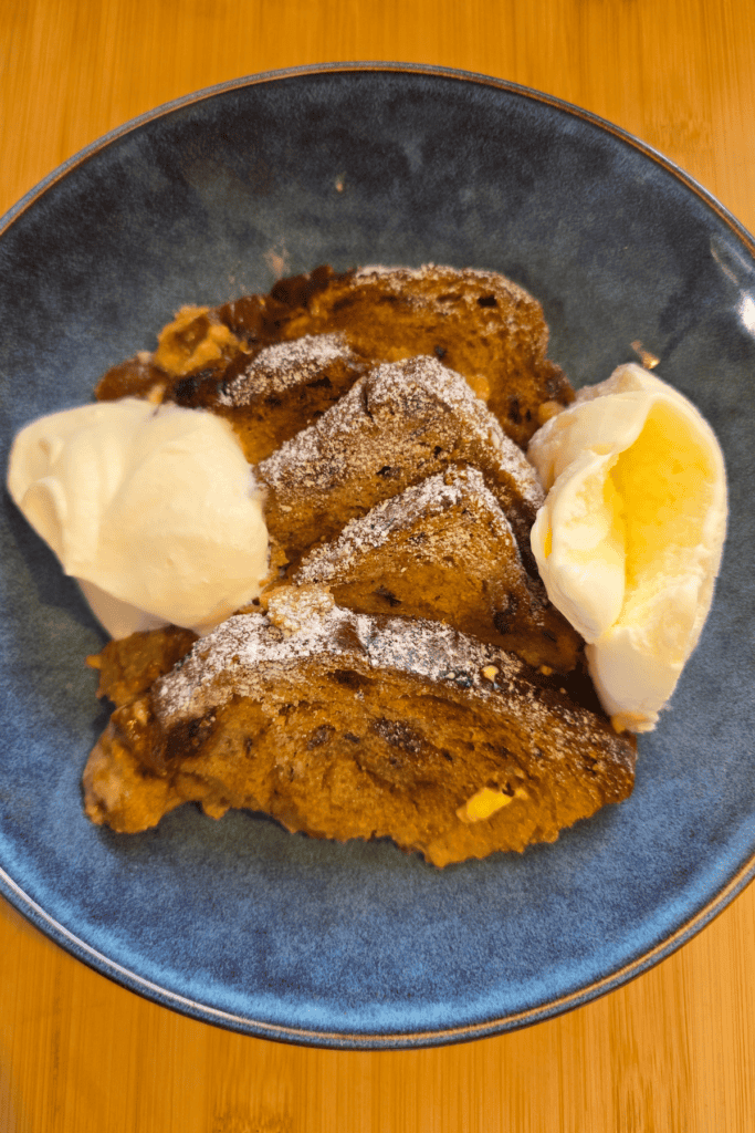 Traditional bread and butter pudding made with fruit toast