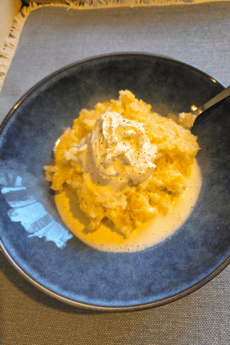 Old-fashioned baked rice pudding with golden top