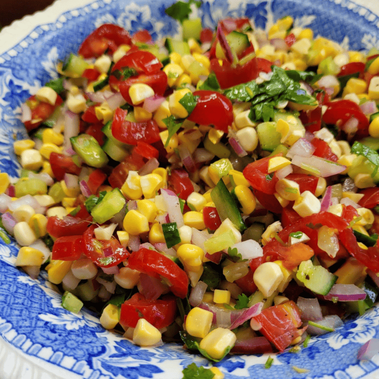Sweet corn salsa with tomato, cucumber, and coriander