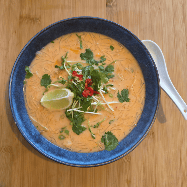 Thai Chicken Noodle Soup with coconut broth and vermicelli noodles