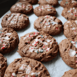 Triple chocolate biscuits topped with crushed candy canes