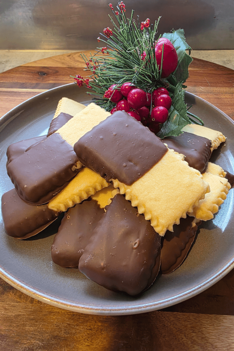 Buttery shortbread fingers dipped in milk chocolate