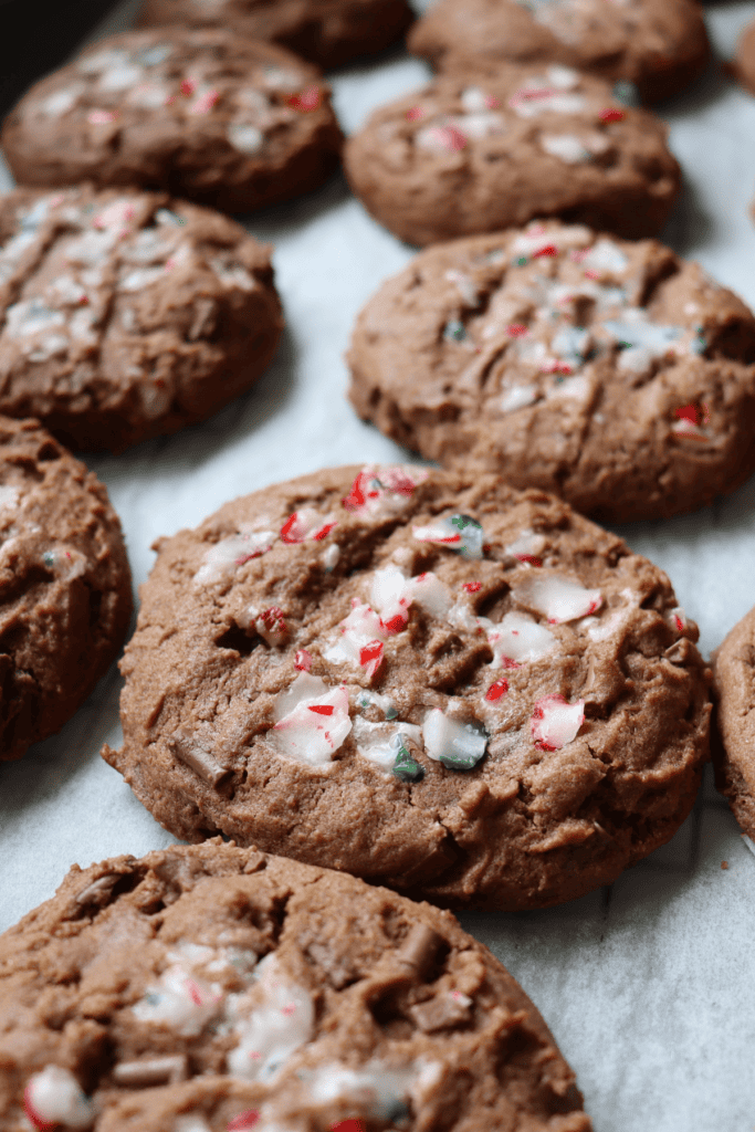 Triple chocolate biscuits topped with crushed candy canes