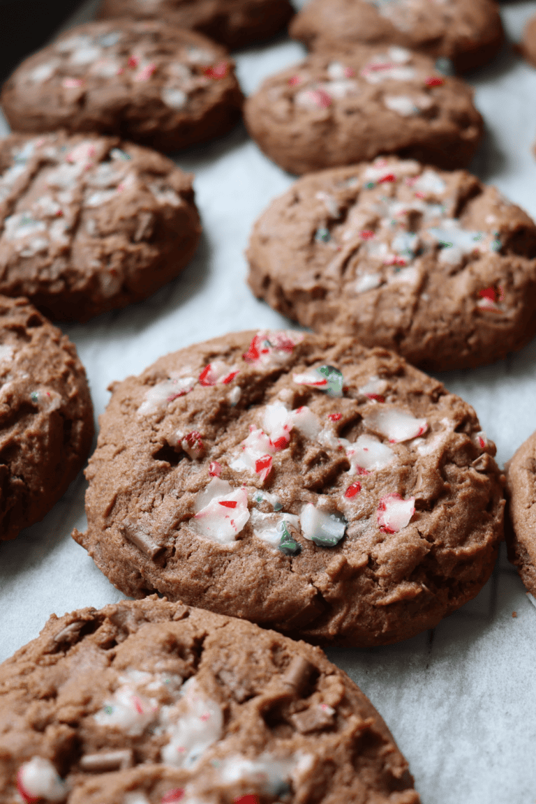 Triple chocolate biscuits topped with crushed candy canes