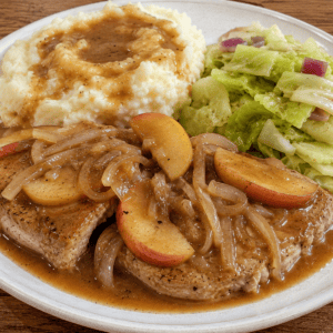 Easy slow cooker pork chop casserole with apples and onions