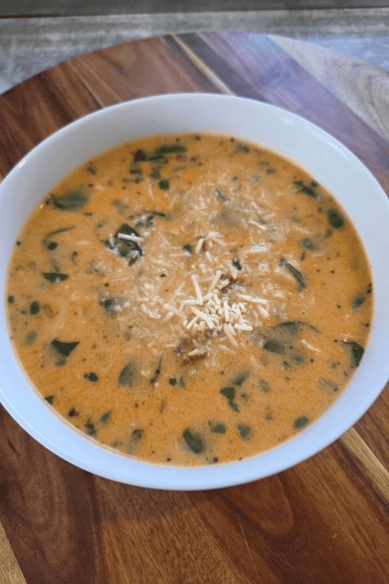 Marry Me Chicken Gnocchi Soup with cooked chicken, sun-dried tomatoes and spinach