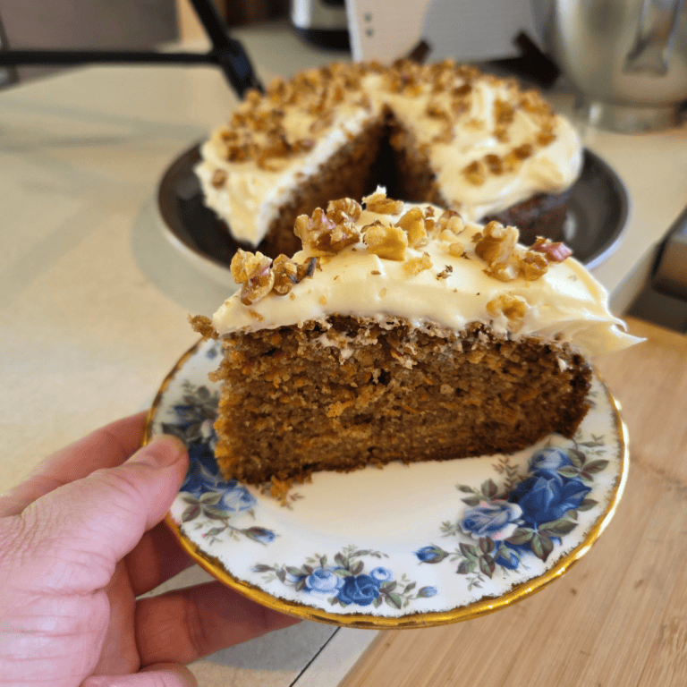 Carrot cake topped with cream cheese icing