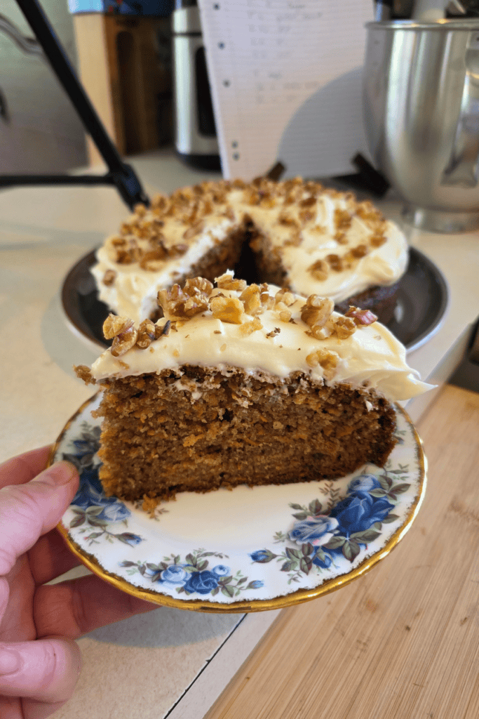 Carrot cake topped with cream cheese icing